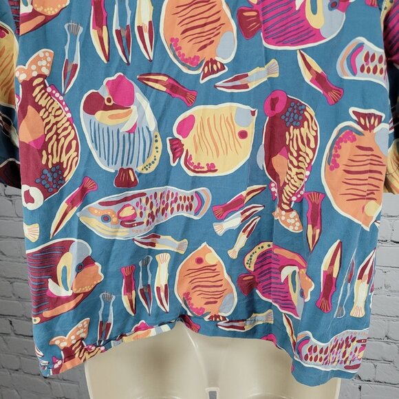 Patagonia Blue Tidal Threads Button Up Short Sleeve Collared Shirt Top Large L - Picture 8 of 12